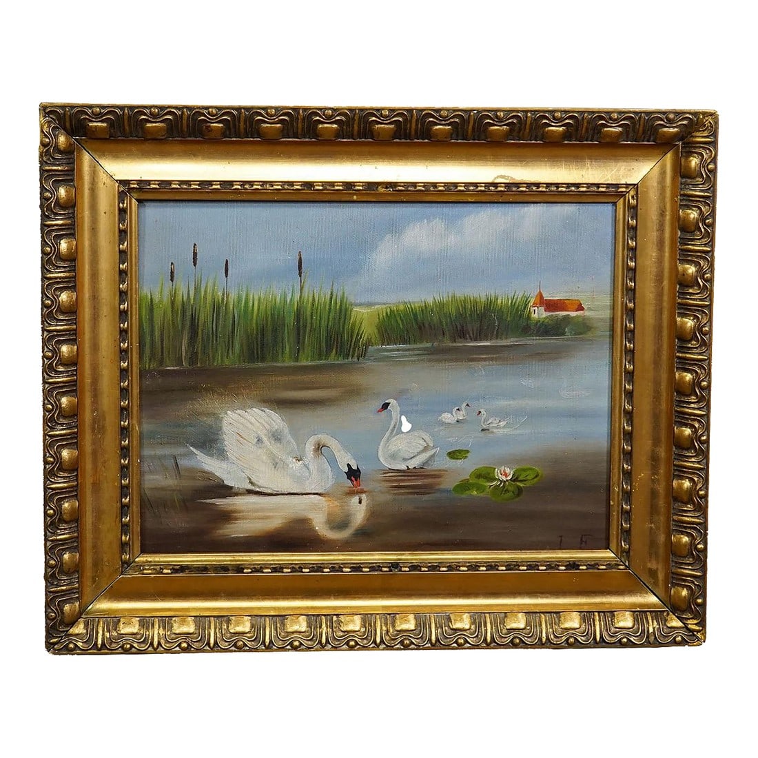 19th Century Biedermeier Painting With Swans on a Lake: 19th Century Biedermeier Painting with Swans on a Lake This antique oil painting, set in a wooden gilded frame, was painted on canvas in the late 19th century. It depicts a peaceful waterscape featuri