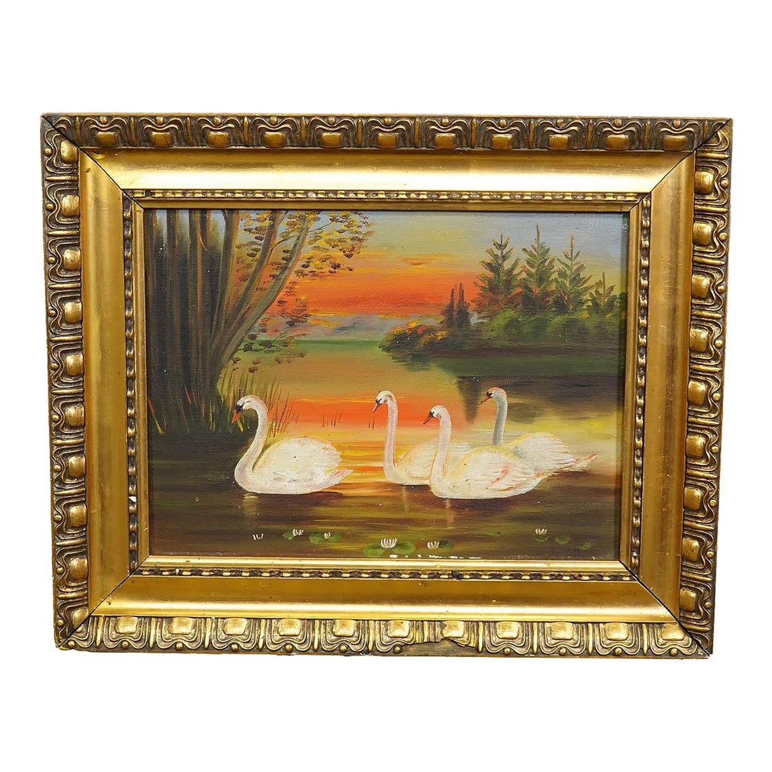 19th Century Painting With Swans on a Lake at Sunset (1 of 6)