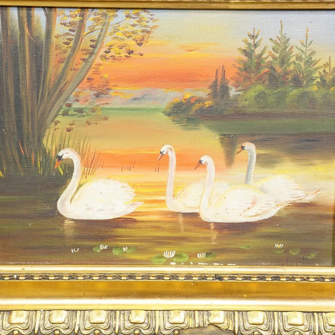 19th Century Painting With Swans on a Lake at Sunset - 3