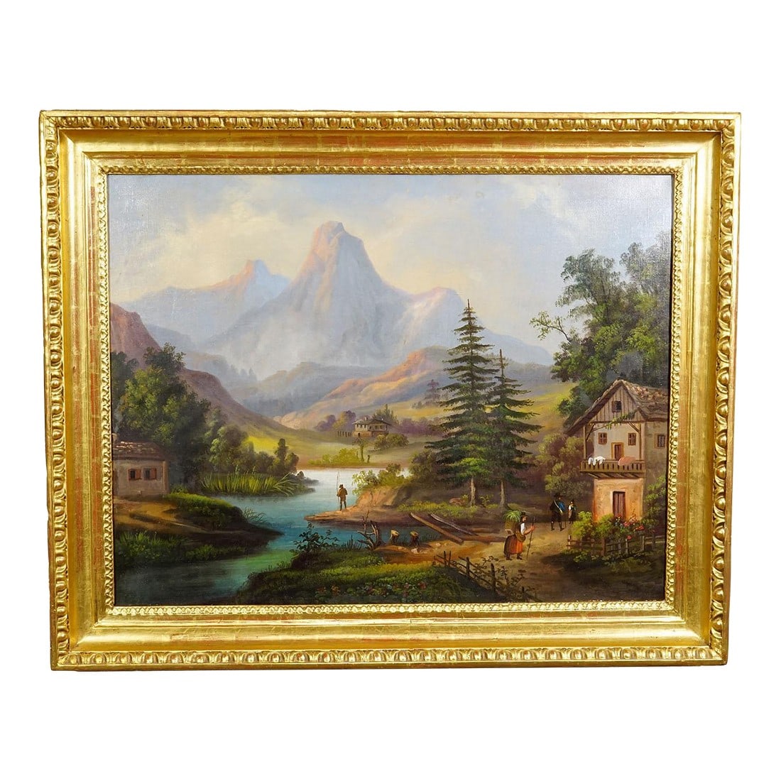 19th Century Biedermeier Landscape Painting With River and Mountain Hut: 19th Century Biedermeier Landscape Painting with River and Mountain Hut A large magnificent antique landscape painting in a golden wooden frame. The scene shows a tranquil Alpine countryside with towe