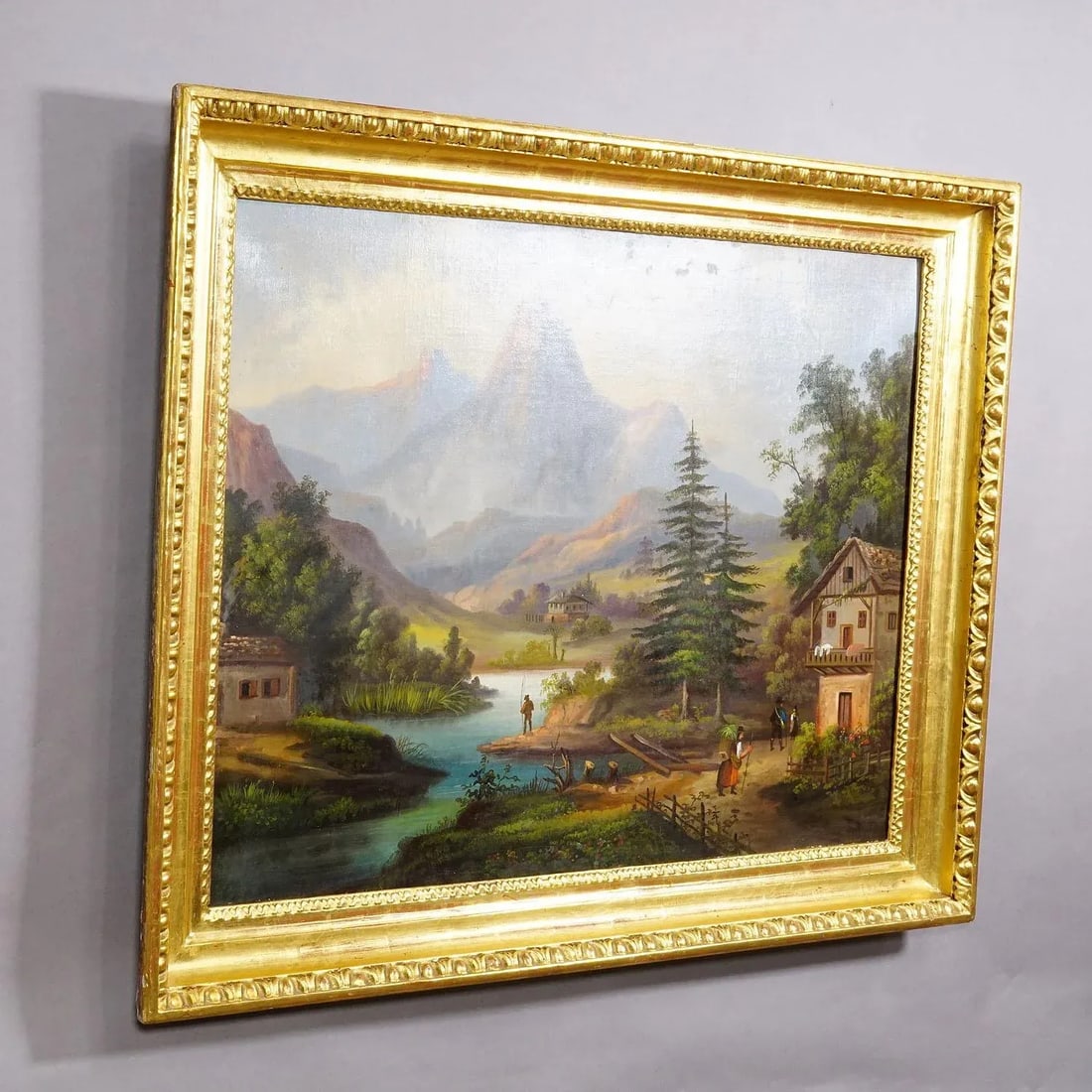 19th Century Biedermeier Landscape Painting With River and Mountain Hut - 2