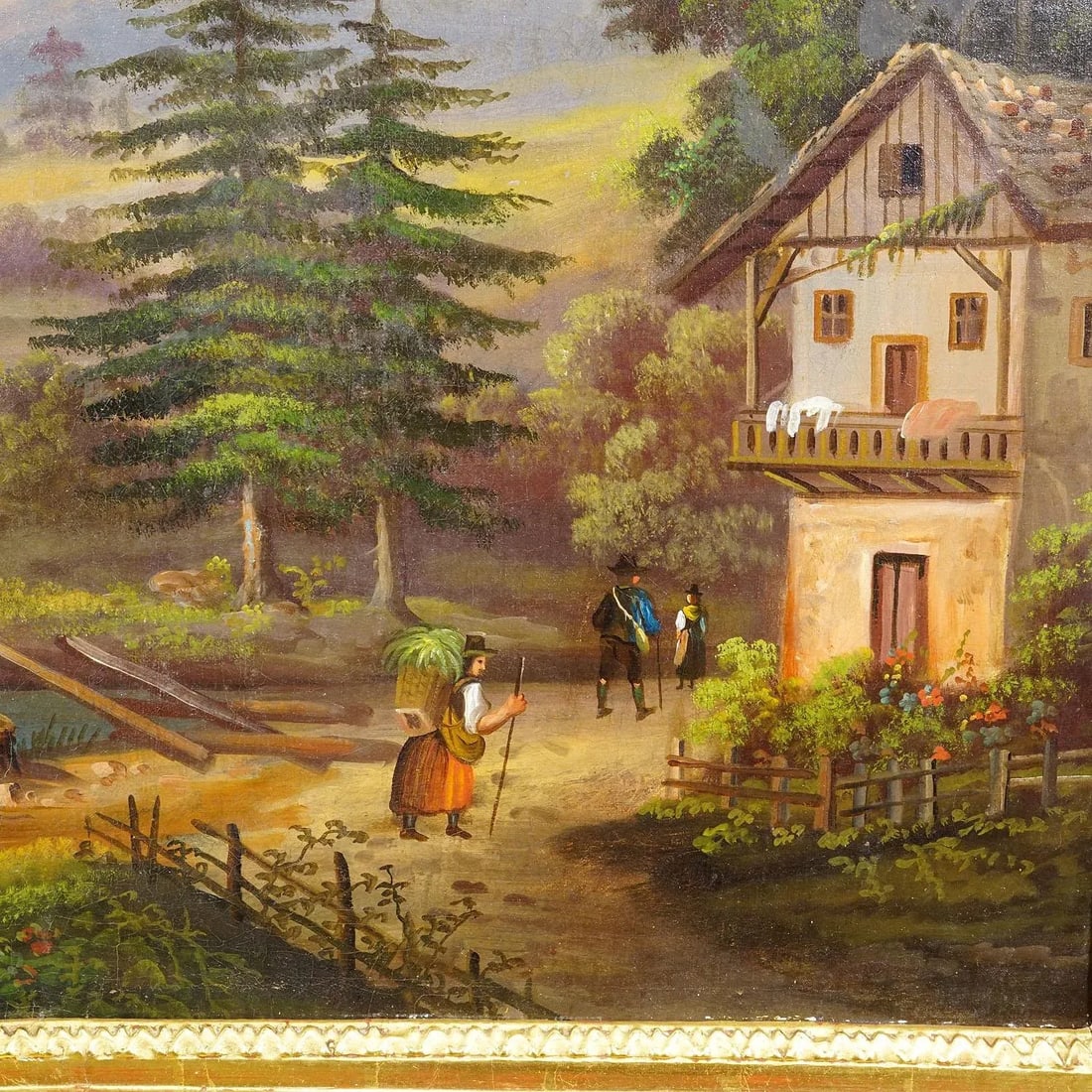 19th Century Biedermeier Landscape Painting With River and Mountain Hut - 3