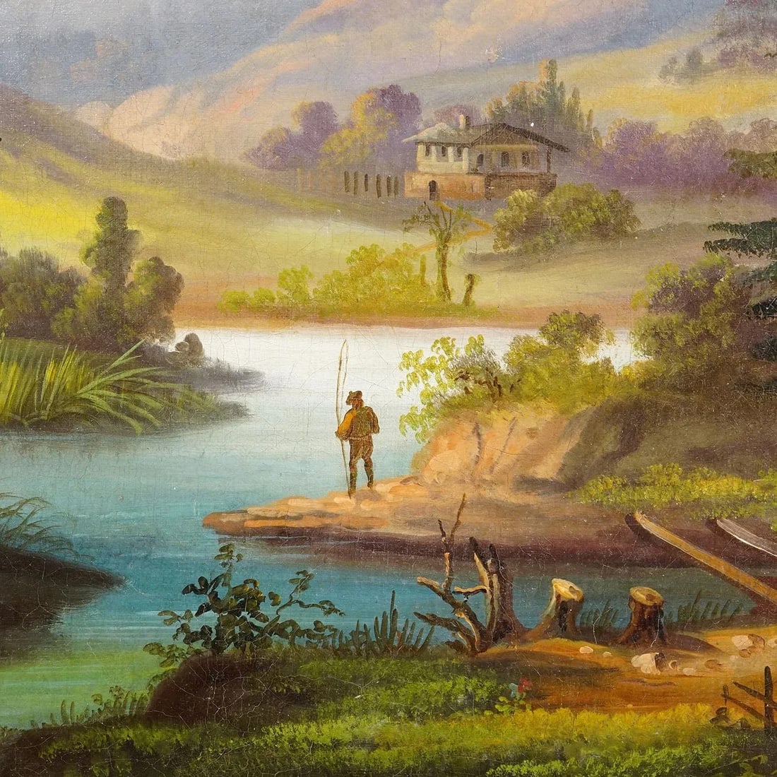 19th Century Biedermeier Landscape Painting With River and Mountain Hut - 4