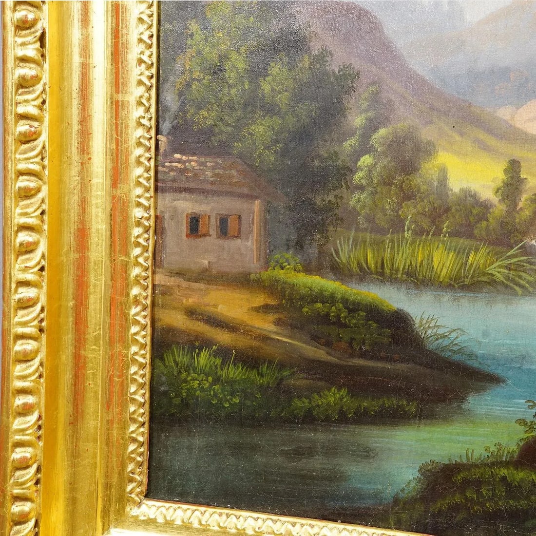 19th Century Biedermeier Landscape Painting With River and Mountain Hut - 5