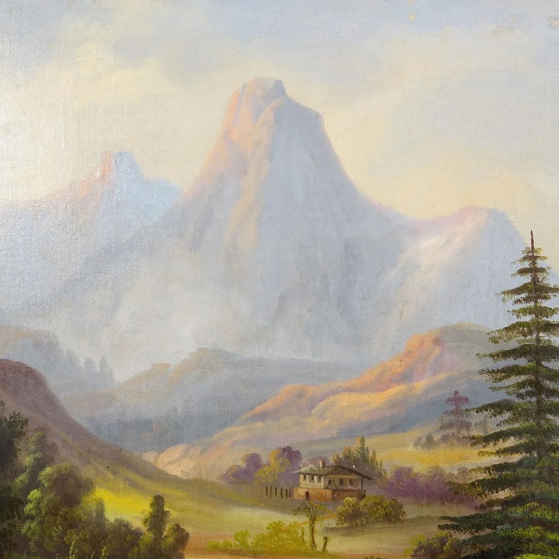 19th Century Biedermeier Landscape Painting With River and Mountain Hut - 6