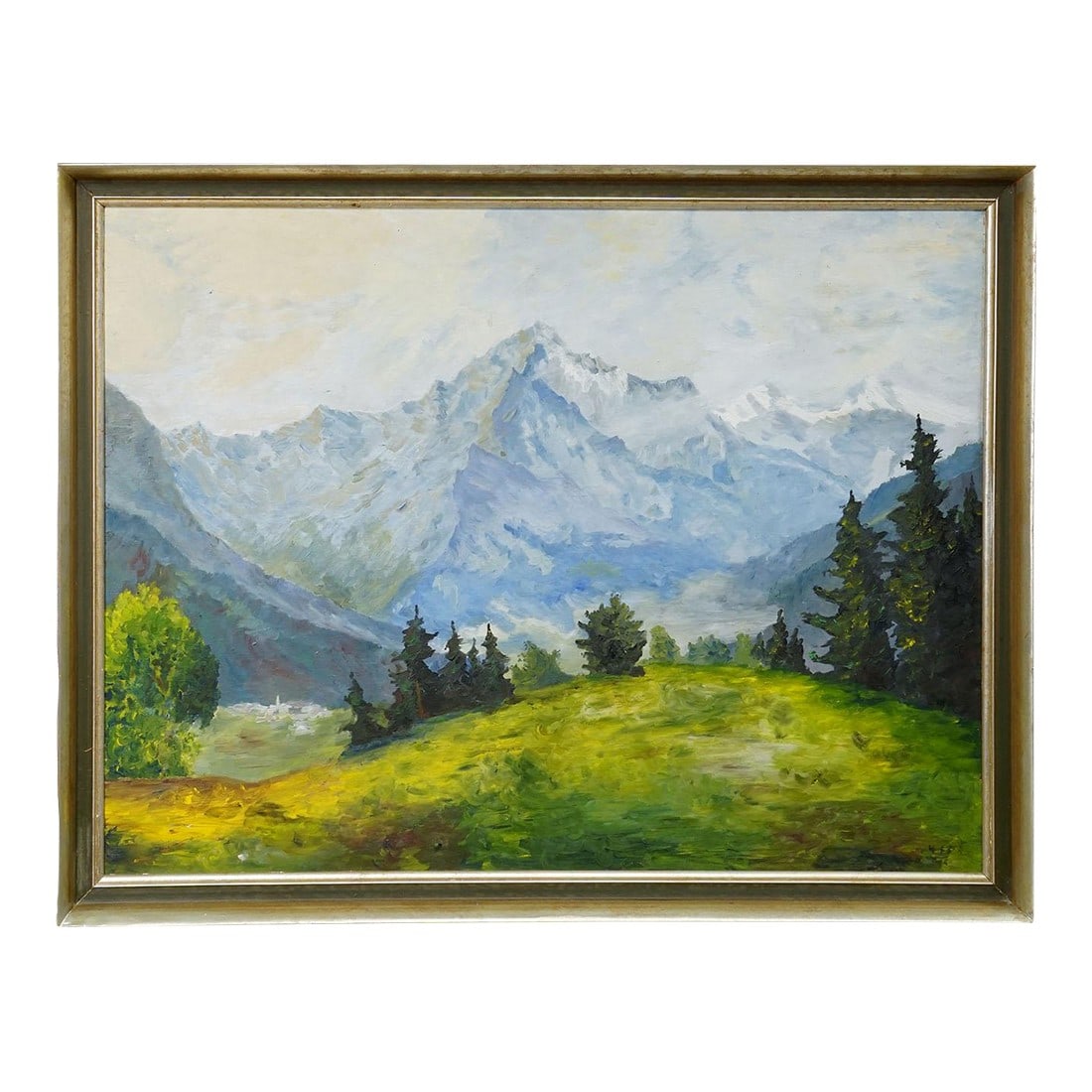 Alpine Landscape Painting With Meadow, Trees and Mountains (1 of 9)