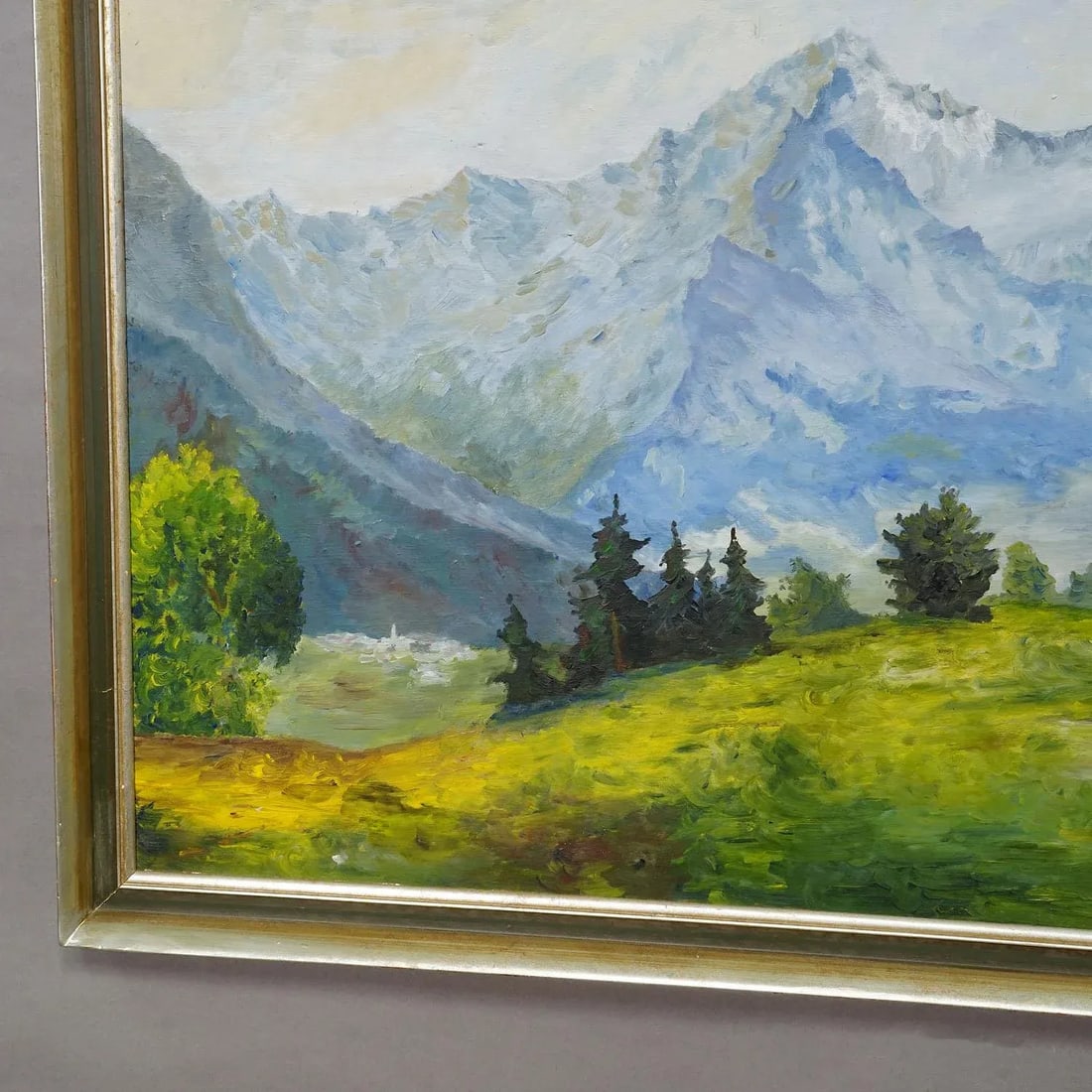 Alpine Landscape Painting With Meadow, Trees and Mountains - 4