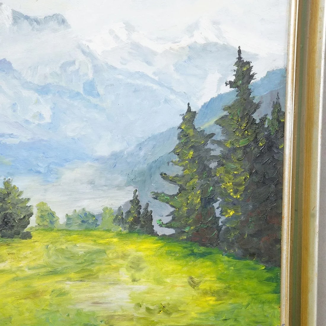 Alpine Landscape Painting With Meadow, Trees and Mountains - 5