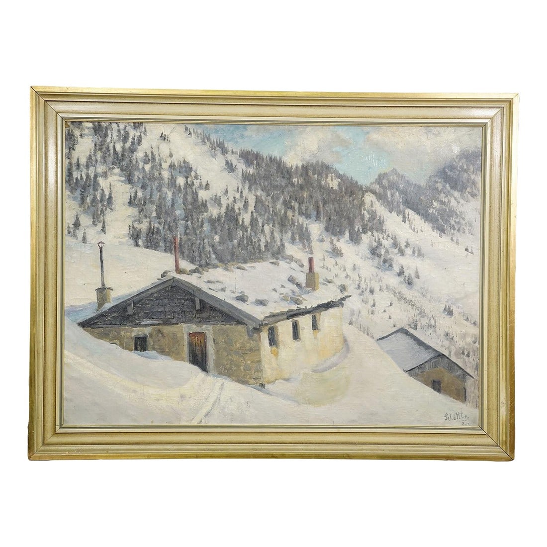 Impressionistic Painting of an Alpine Mountain Hut in the Winter: Impressionistic Painting of an Alpine Mountain Hut in the Winter A large impressionist oil painting of a mountain hut nestled in the snowy Alps, rendered in soft pastel hues on canvas and beautifully