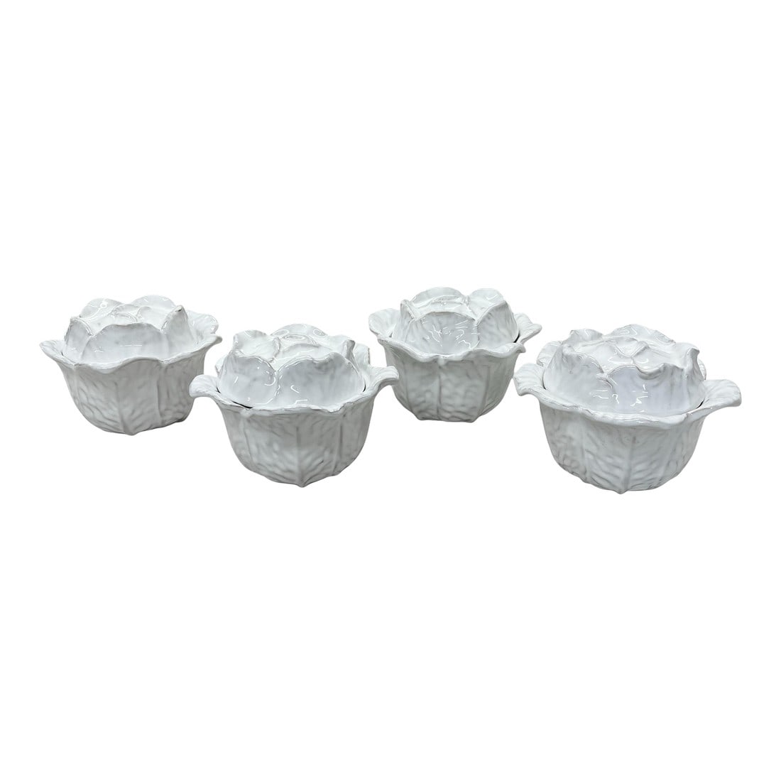 Italian Cabbage Bowls - Set of 4: Set of four white cabbage bowls with lids. Great looking with ironstone or blue and white. Made in Italy. Each measures 6" diameter x 4" h, 3" h without lid. Condition: Alterations: Original Condition