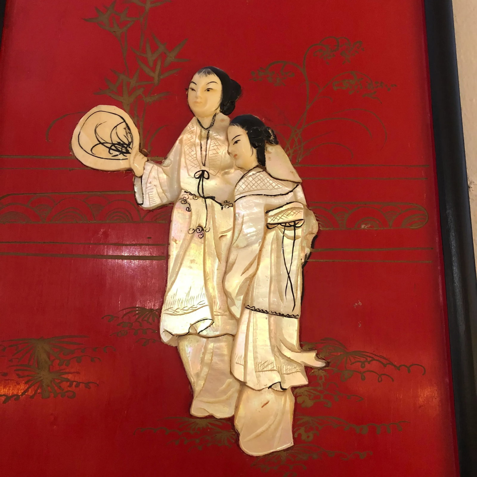 Red Chinoiserie Panels With Mother of Pearl Relief -Set of 4 - 11