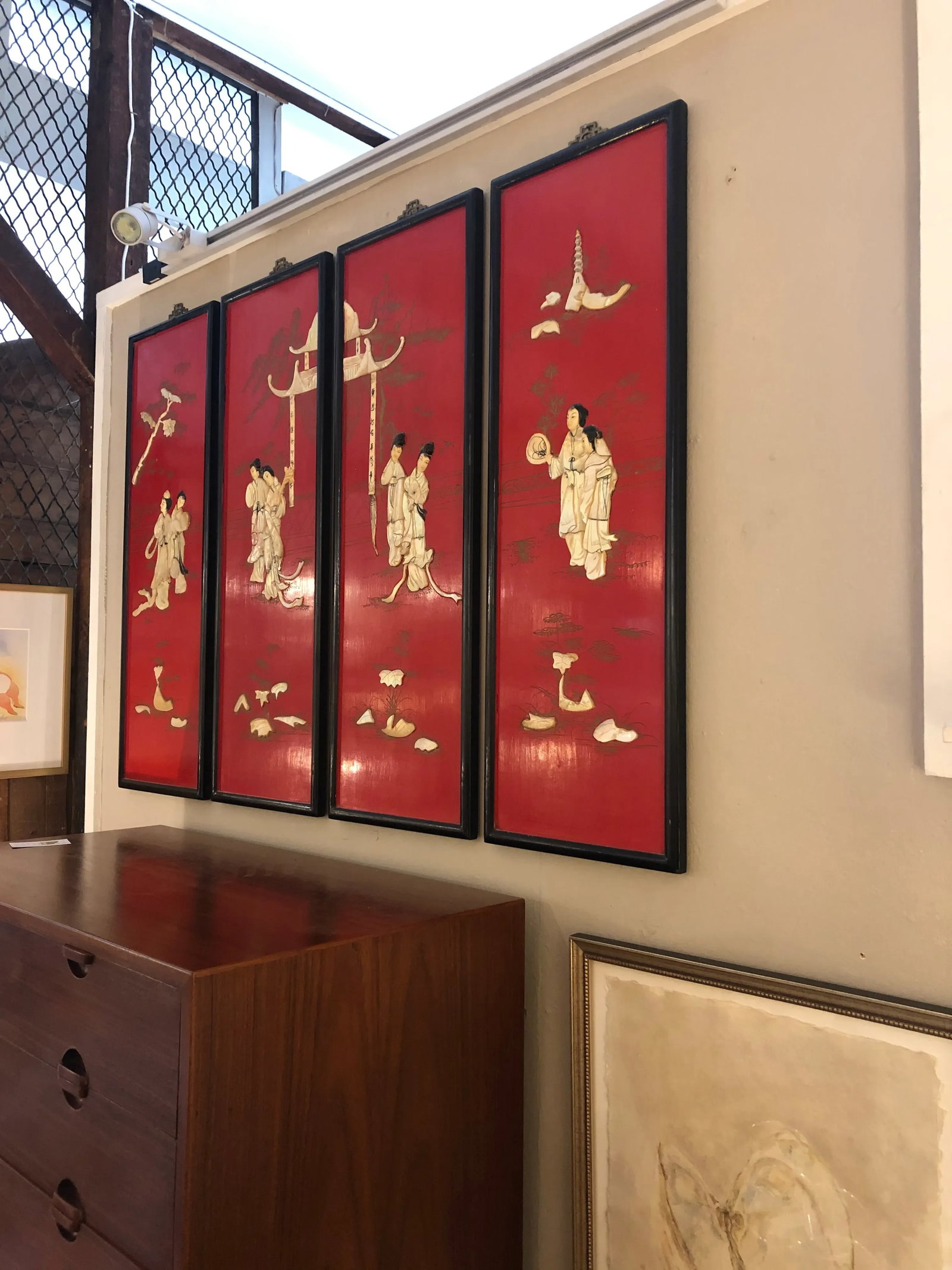Red Chinoiserie Panels With Mother of Pearl Relief -Set of 4 - 12