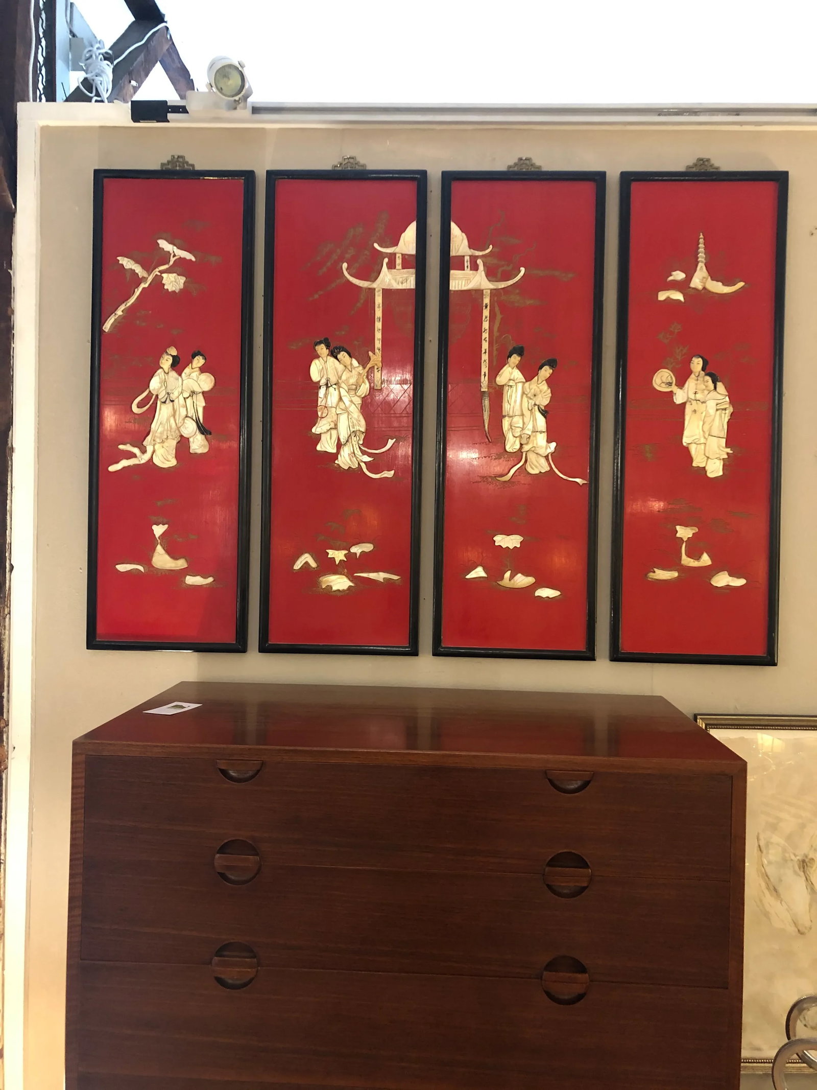 Red Chinoiserie Panels With Mother of Pearl Relief -Set of 4 - 13