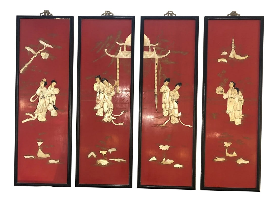 Red Chinoiserie Panels With Mother of Pearl Relief -Set of 4: Incredible Asian artwork consisting of 4 rectangular vertical panels having meticulous mother of pearl relief against a fabulous red painted background. There are four lovely figural couples, a