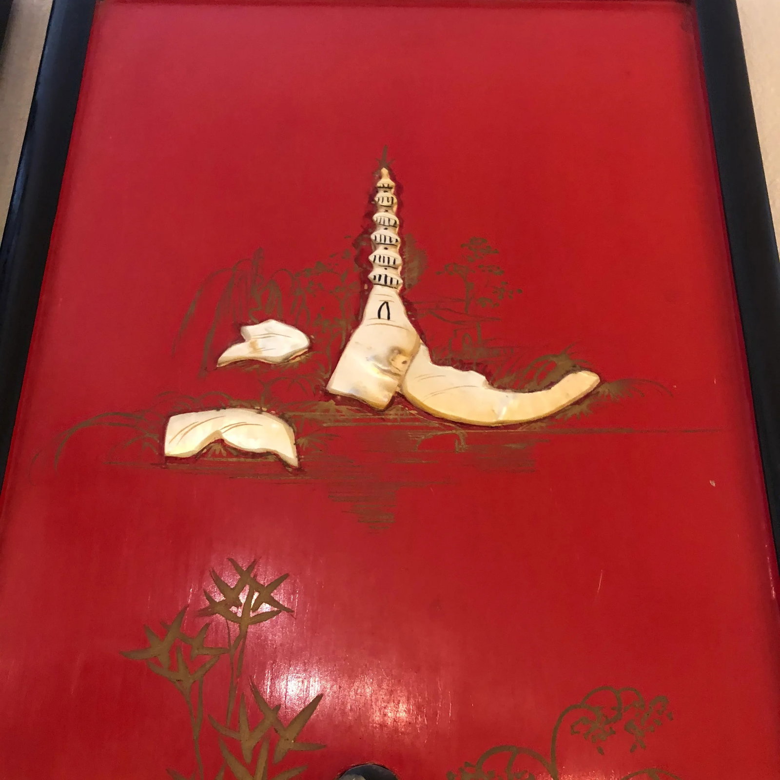 Red Chinoiserie Panels With Mother of Pearl Relief -Set of 4 - 3