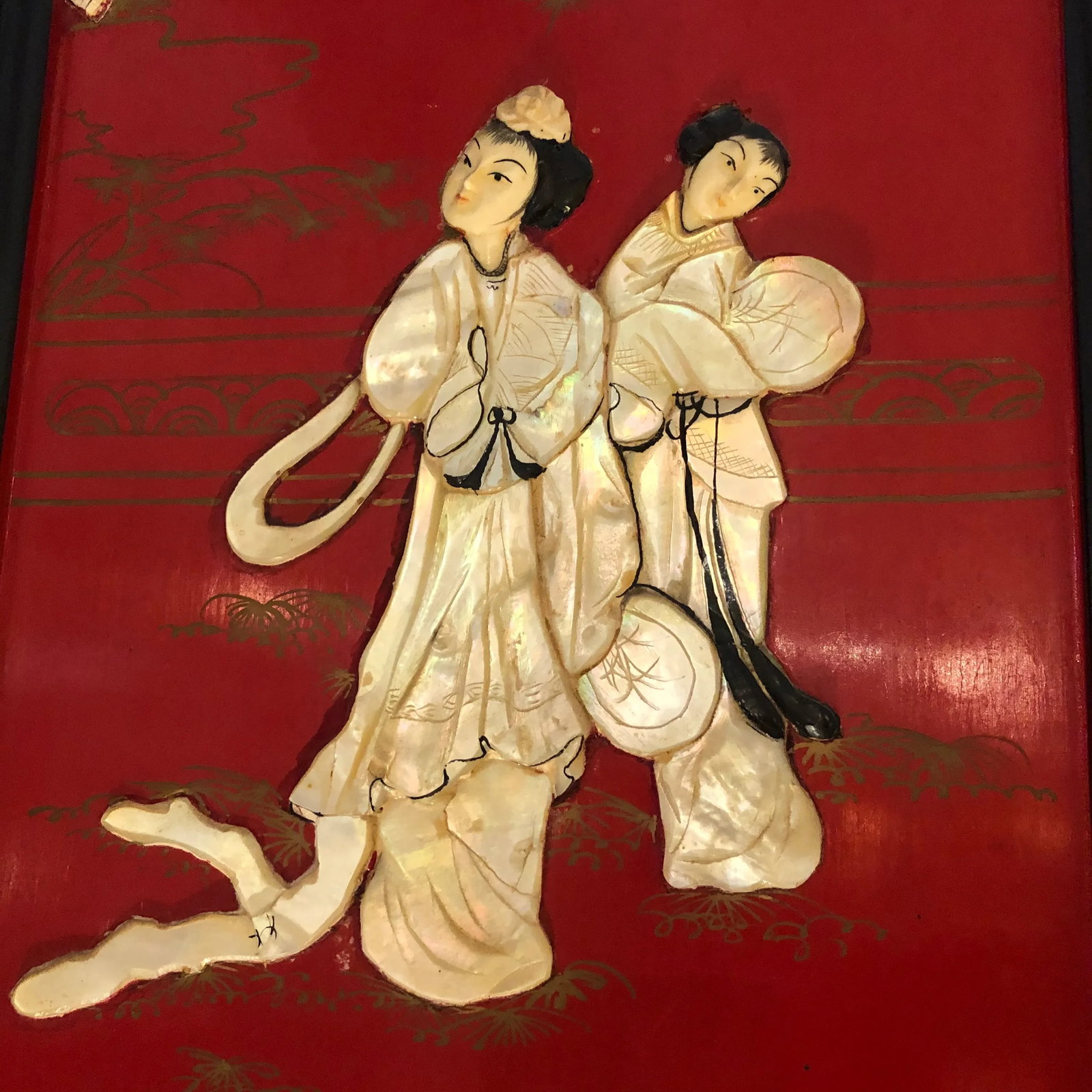 Red Chinoiserie Panels With Mother of Pearl Relief -Set of 4 - 5