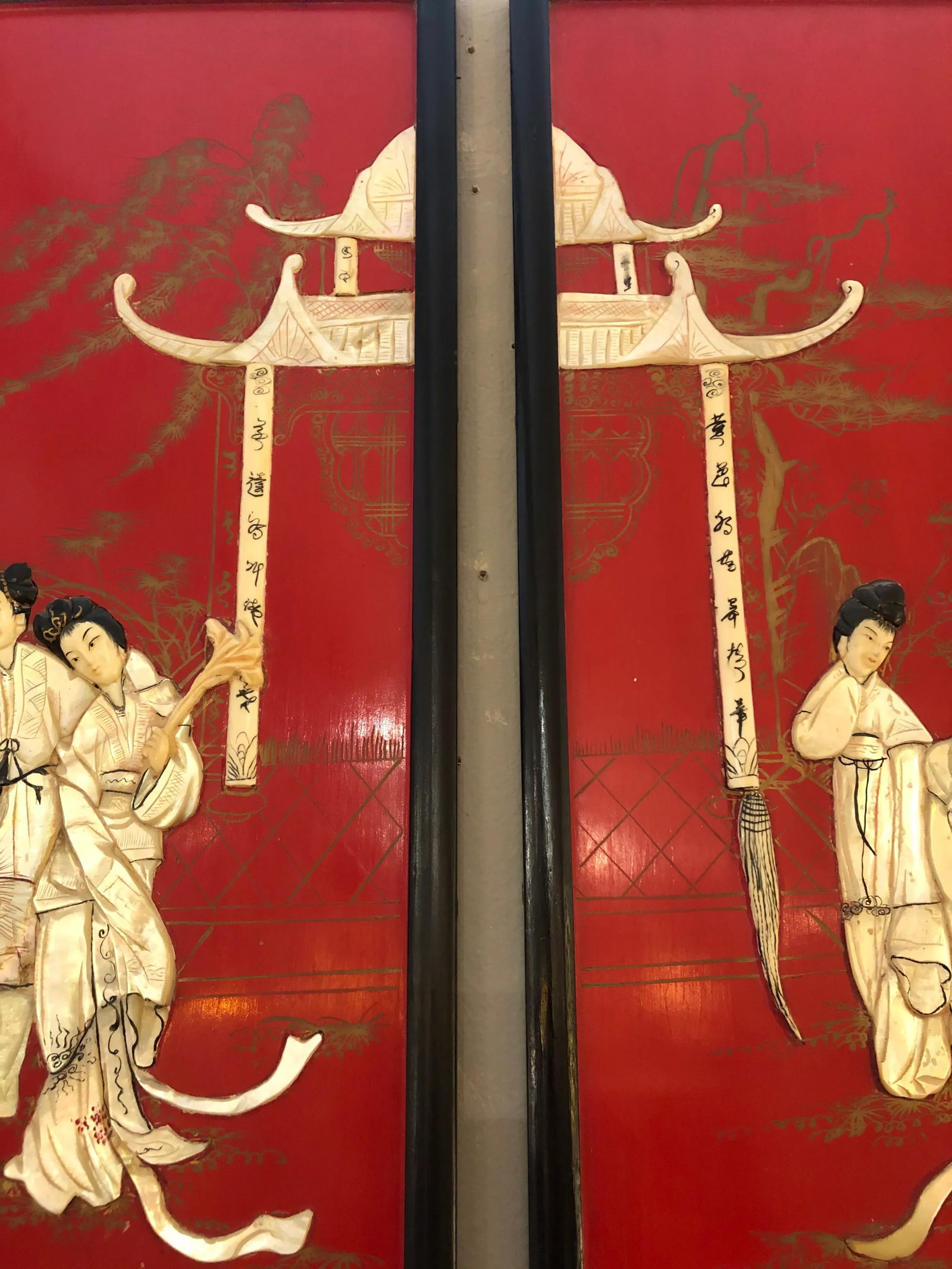 Red Chinoiserie Panels With Mother of Pearl Relief -Set of 4 - 6