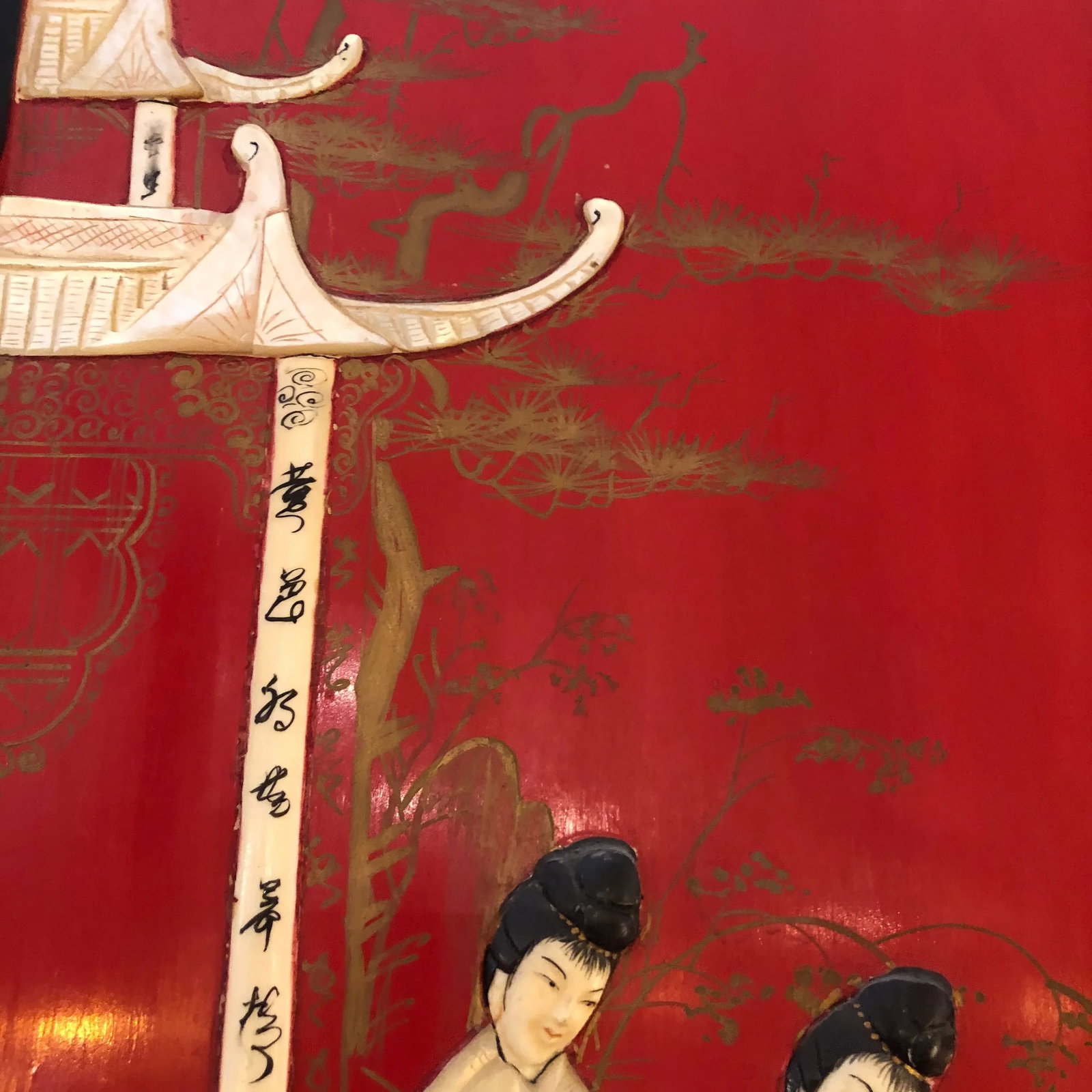 Red Chinoiserie Panels With Mother of Pearl Relief -Set of 4 - 8