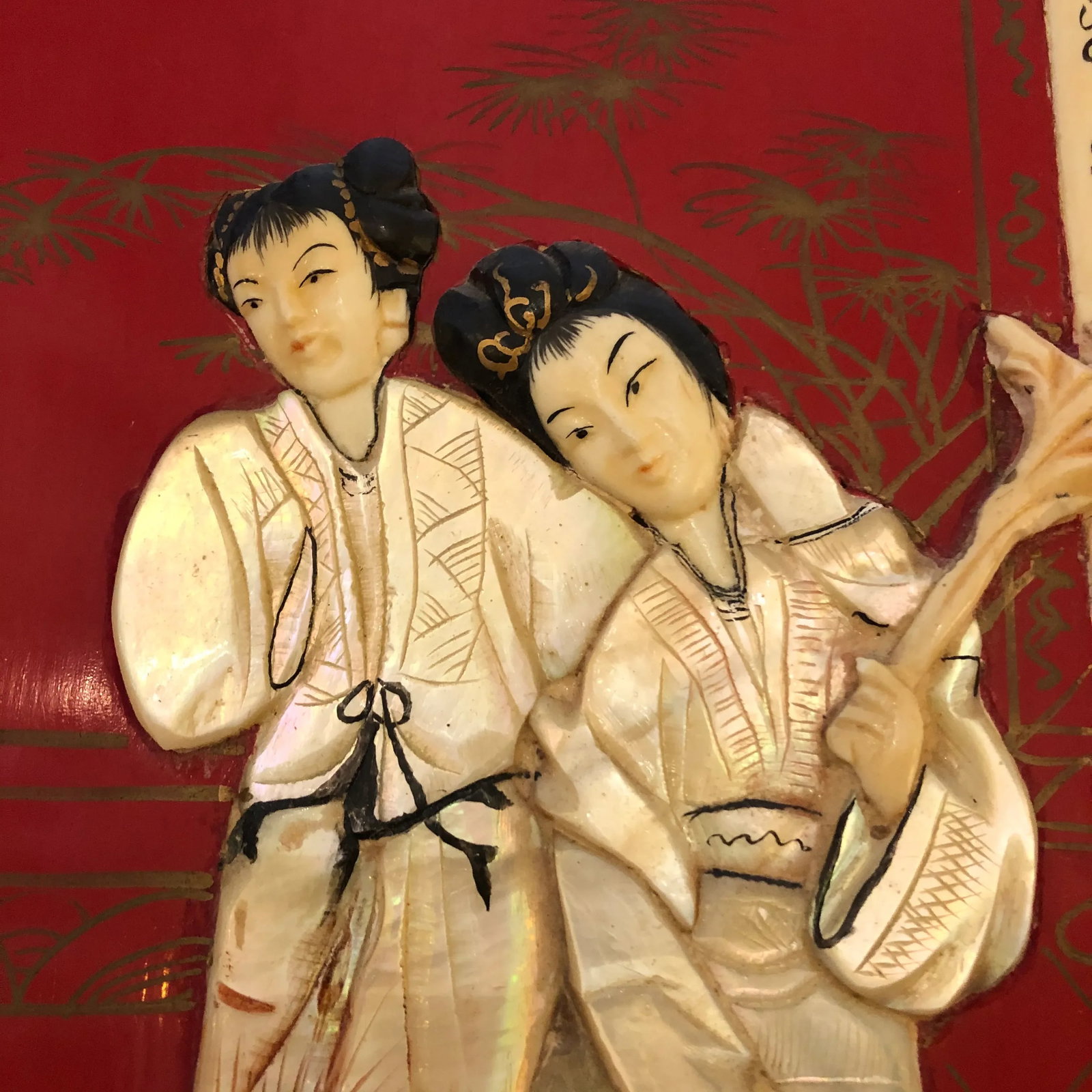 Red Chinoiserie Panels With Mother of Pearl Relief -Set of 4 - 9