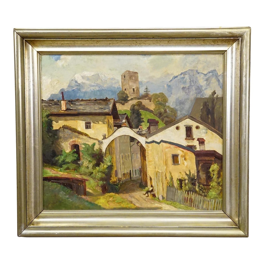 Biedermeier Painting of an European Alpine Village Late 19th Century: Biedermeier Painting of an European Alpine Village late 19th Century An antique Victorian landscape painting framed in a silver-colored frame. Painted in oil on wood by the German painter Josef