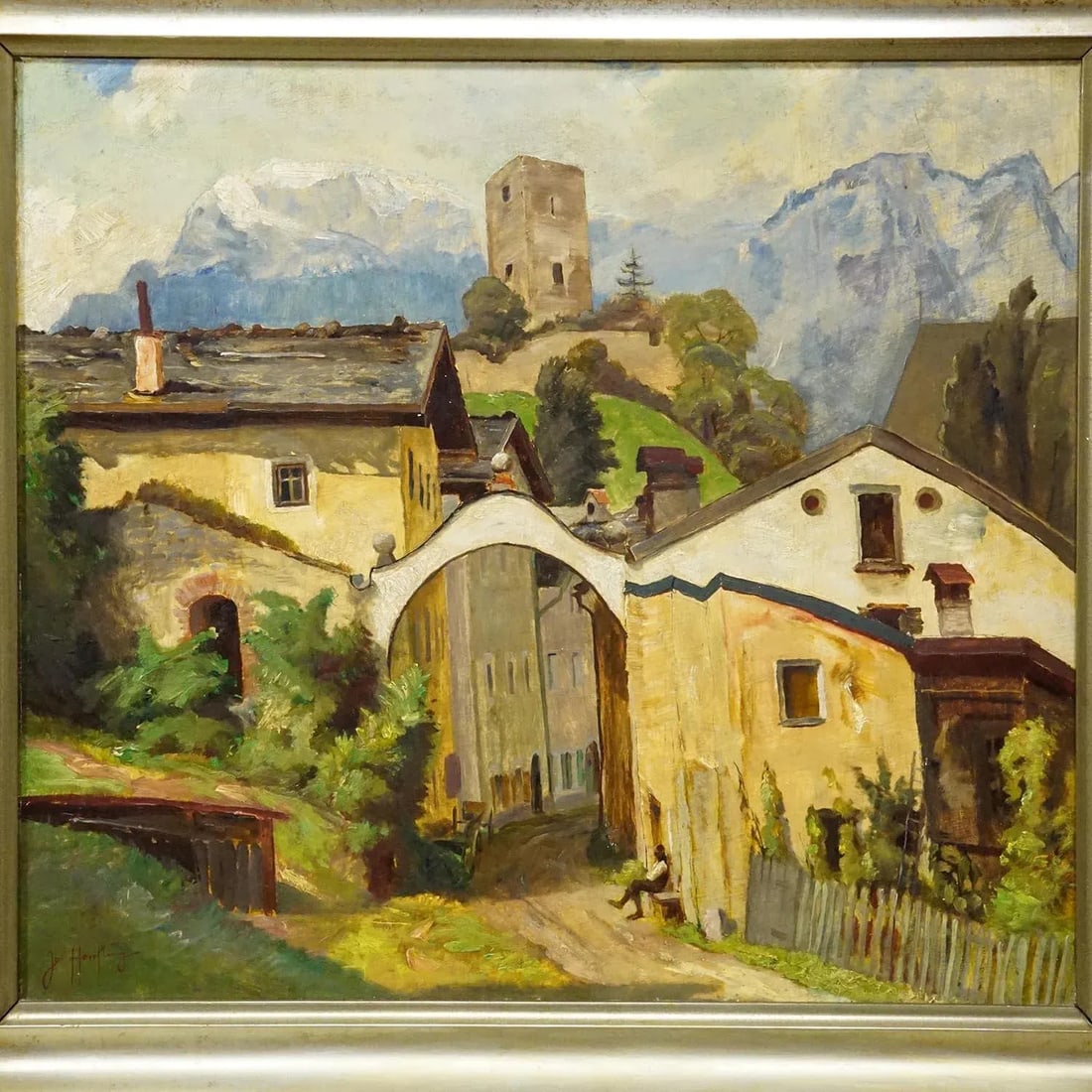 Biedermeier Painting of an European Alpine Village Late 19th Century - 3