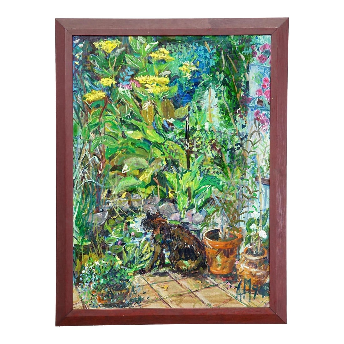 Vintage Impressionistic Oil Painting of a Garden Scenery, Alexander Michael 1994: Vintage Impressionistic Oil Painting of a Garden Scenery, Alexander Michael 1994 A framed oil painting depicting a lush, vibrant garden scene filled with greenery and flowering plants. At the center