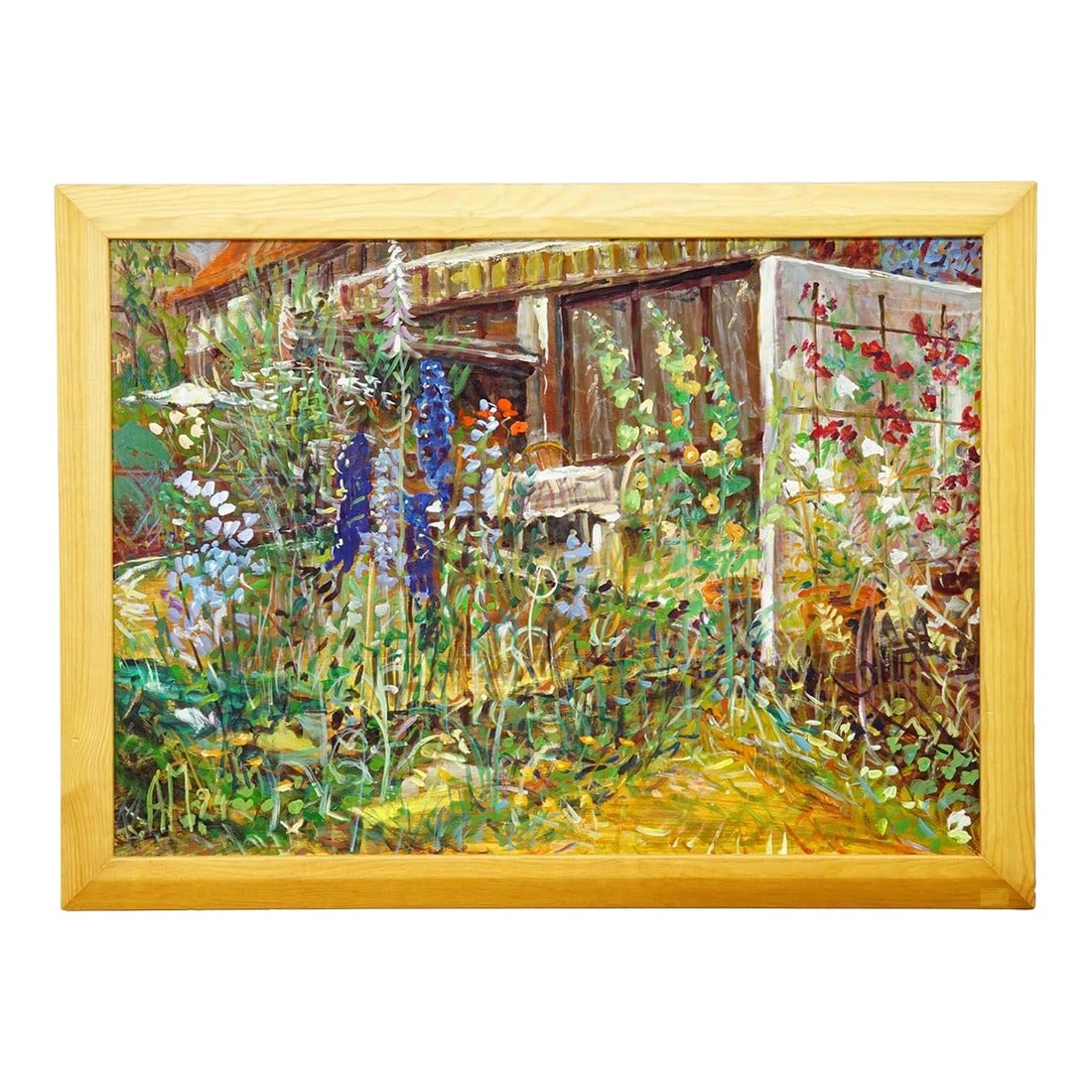 Impressionistic Oil Painting of a Garden Scenery, Alexander Michael 1994: Impressionistic Oil Painting of a Garden Scenery, Alexander Michael 1994 A framed oil painting depicting a lush, vibrant garden scene filled with greenery and blooming flowers in multiple colors. The