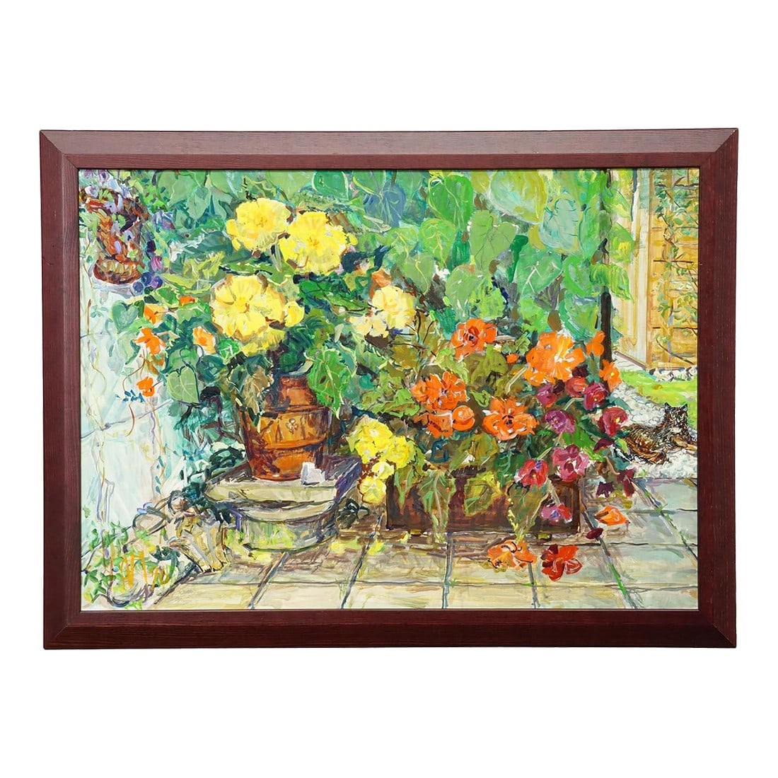 Impressionistic Oil Painting of a Garden Scenery, Alexander Michael 1996: Impressionistic Oil Painting of a Garden Scenery, Alexander Michael 1996 A framed oil painting depicting a lush, vibrant garden scene filled with greenery and blooming begonias in red an yellow. The
