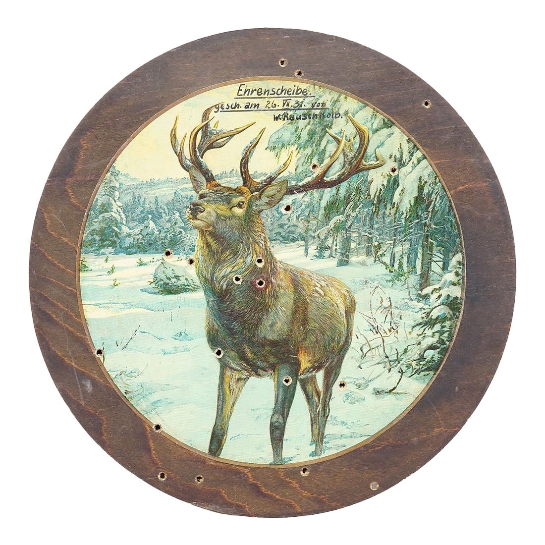 Antique Honor Shooting Target Deer in Winter 1931: Antique Honor Shooting Target Deer in Winter 1931 An antique honor shooting target depicting an impressive deer in a winter landscape. It features the handwritten inscription of the winner on the