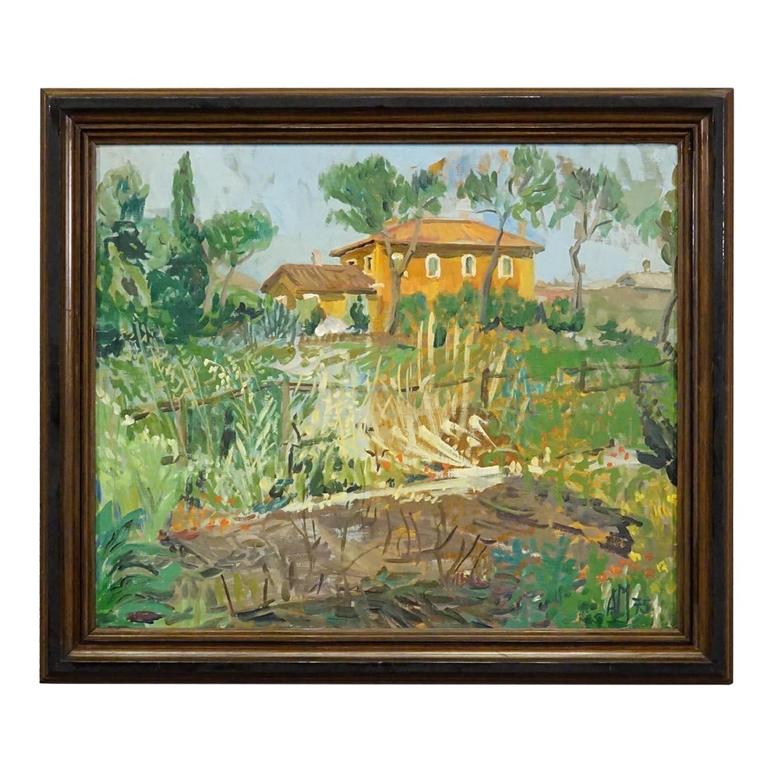 Vintage Oil Painting of a Mediterranean Village, Alexander Michael 1975: Vintage Oil Painting of a Mediterranean Village, Alexander Michael 1975 A framed oil painting depicting a Mediterranean landscape with a golden yellow house with a red tiled roof, surrounded by