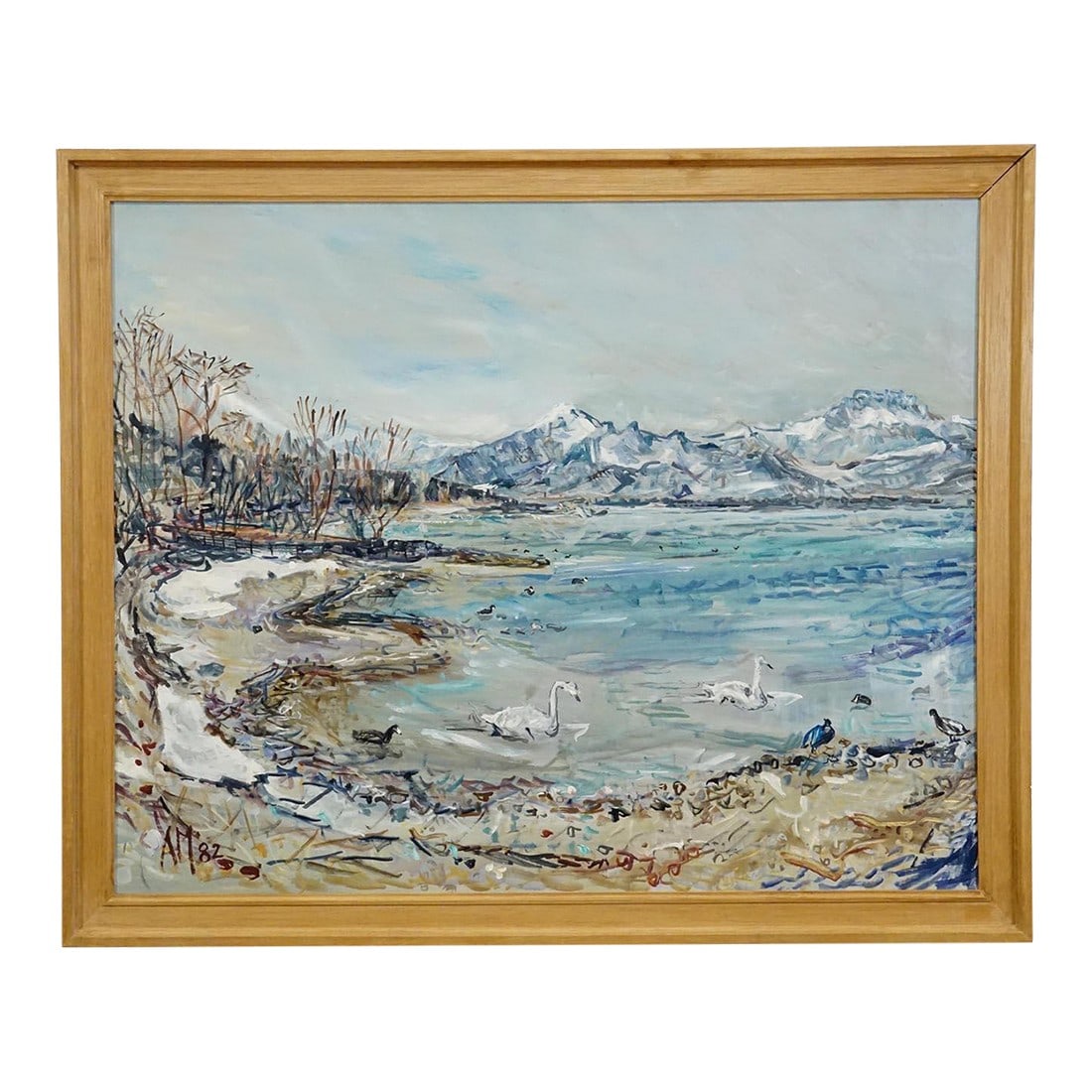 Alexander Michael - Lake Chiemsee in Bavaria Oil on Canvas 1982: Alexander Michael - Lake Chiemsee in Bavaria Oil on Canvas 1982 A framed oil painting depicting the view to the Lake Chiemsee from Chieming, Bavaria. Snow-covered Alpine foothills rise in the