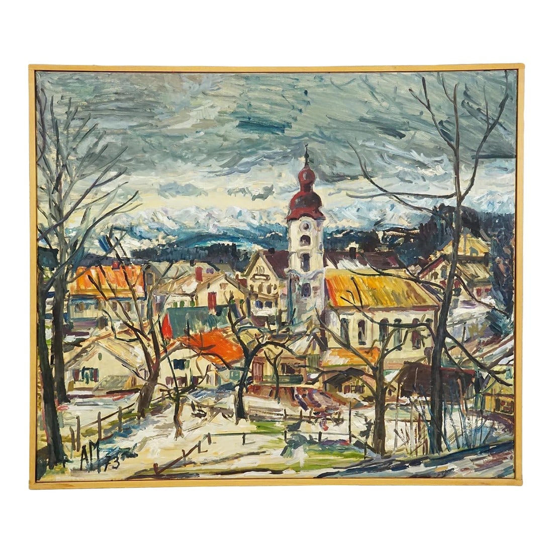 Vintage Oil Painting of a Bavarian Village, Alexander Michael 1973: Vintage Oil Painting of a Bavarian Village, Alexander Michael 1973 A framed oil painting depicting the view to the Bavarian village Tanning with a Baroque church, surrounded by farmsteads and the