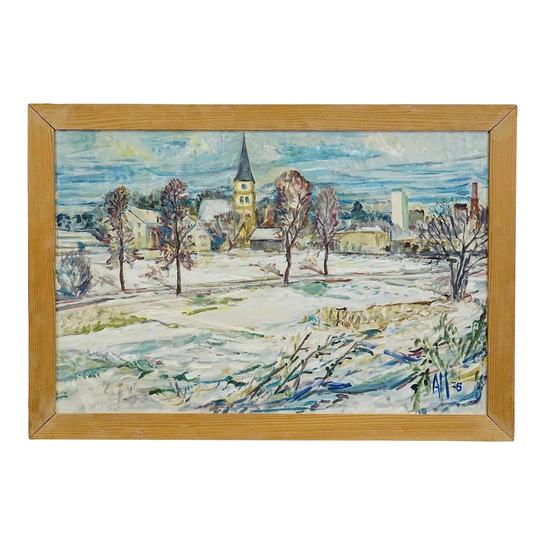 Vintage Oil Painting of Taufkirchen, Bavaria, Alexander Michael 1975: Vintage Oil Painting of Taufkirchen, Bavaria, Alexander Michael 1975 A framed oil painting depicting the view to the winterly bavarian village Taufkirchen near Munich. The artwork is painted with oil