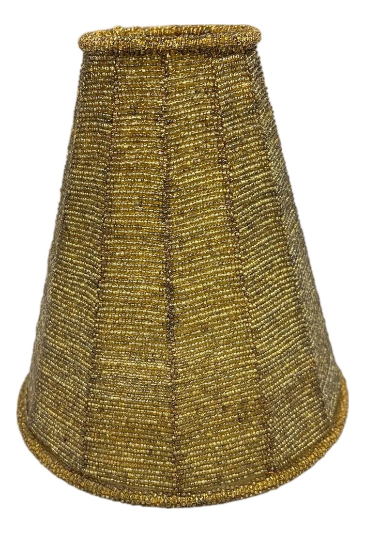 Vintage Gold Glass Bead Lampshade: Vintage golden amber glass bead lampshade. Beads are strung on copper wire. Has excellent interior metal support. The shade center mount is sits on the regular size socket with the bulb screwed in