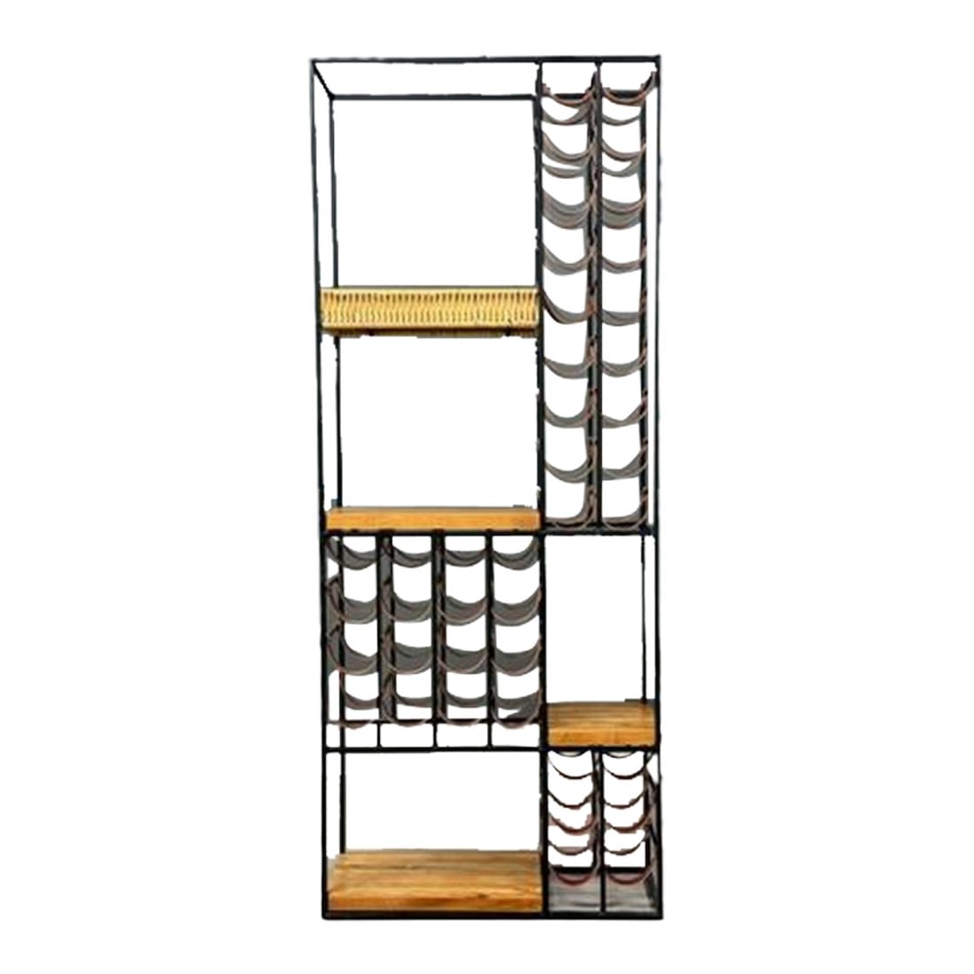 1960s Arthur Umanoff 40 Bottle Wine Rack: A mid century modern iron frame wine rack with brand new leather straps to hold 40 bottles of wine designed by Arthur Umanoff. Unsigned. Three solid oak shelves and a rattan shelf. Professionally refi