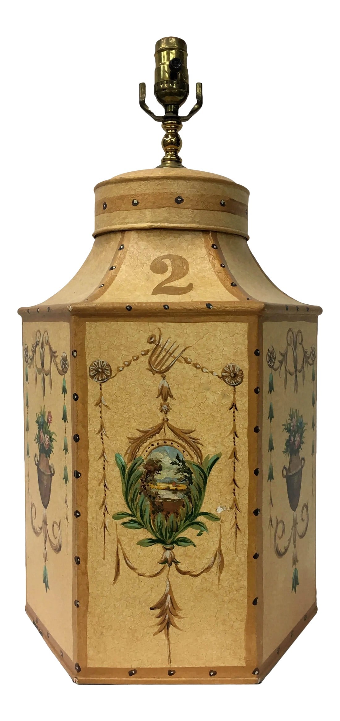 Vintage Chinese Export English Hexagon Tea Caddy Lamps: Vintage Of Yellow Lacquer hexagonal Tea Caddy Chinoiserie Lamps hand painted with flowers displayed in vase, in the basket etc. with small glimpses of landscape and decorated motifs. The number on
