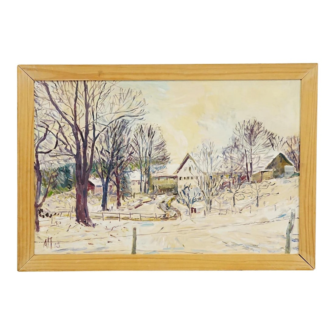 Alexander Michael Oil Painting of a Winterly Farmyard: Alexander Michael Oil Painting of a Winterly Farmyard A framed oil painting depicting a winterly farmyard in Bavaria. The expressive artwork is painted with oil on canvas in an Impressionist style,