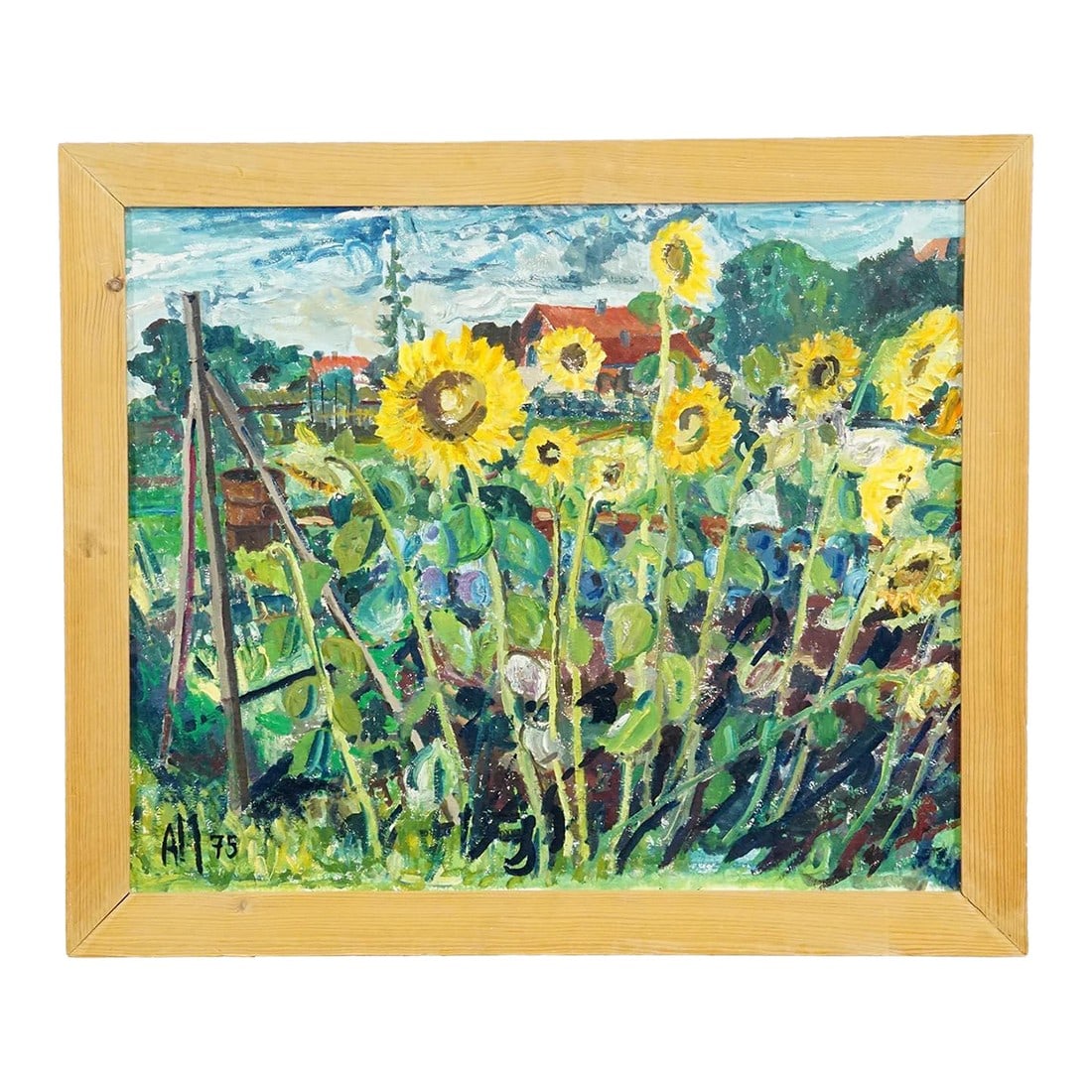 Alexander Michael Oil Painting of a Lively Field of Sunflowers 1975: Alexander Michael Oil Painting of a Lively Field of Sunflowers 1975 A framed oil on wood painting featuring a lively field of sunflowers in full bloom, with a rustic rural backdrop including trees, ga