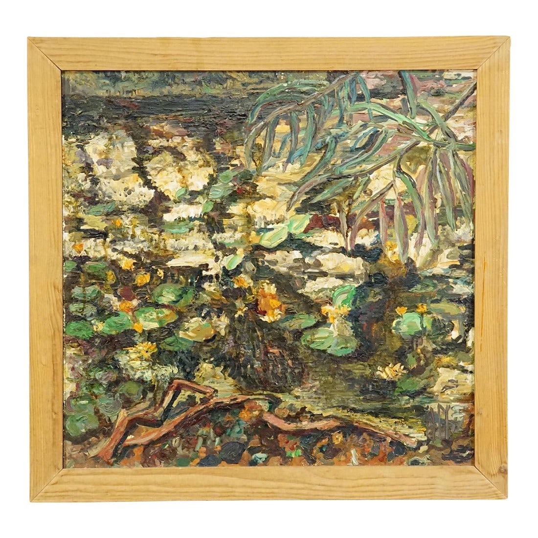 Alexander Michael Oil Painting of a Pont With Water Lilies 1972: Alexander Michael Oil Painting of a Pont with Water Lilies 1972 A great oil painting which features water lilies, floating leaves, and reflected light, rendered with thick brushwork and earthy tones.