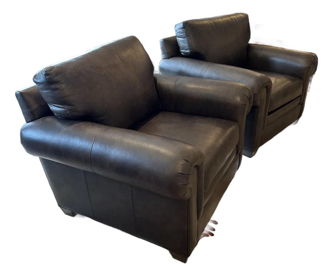Large Brown Leather Ethan Allen Club Chairs-a Pair: Big comfy leather club chairs having rolled arms and removeable seat and back cushions, held in place with Velcro. Barely used. Arm height 25" Seat depth 22" Condition: Alterations: Original