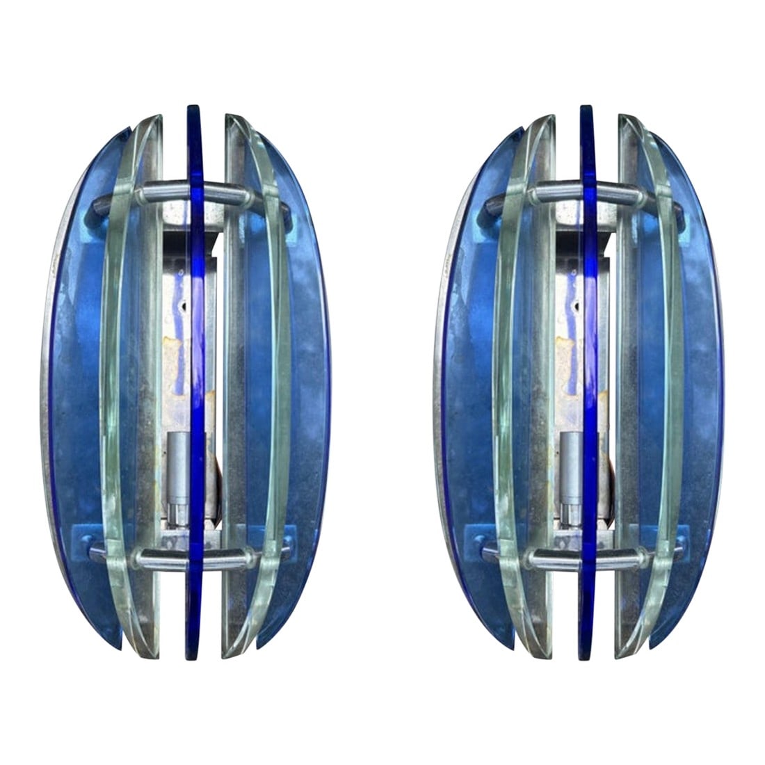 Pair of 1960s Murano Glass Sconces by Veca: Pair of Murano Glass Sconces by Veca. This lovely pair of Italian sconces have cobalt blue and transparent glass panels mounted on chromed steel frames. Each sconce has been newly wired with new