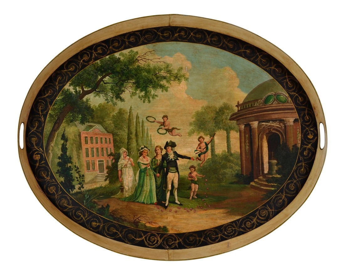 Vintage Hand-Painted British Landscape Decoration Oval Plate/Tray: Vintage hand-painted British landscape decoration oval plate. The artist hand-painted an 18th-century British wedding scene. Angels gathered around and sent blessings to the couple. This decorative