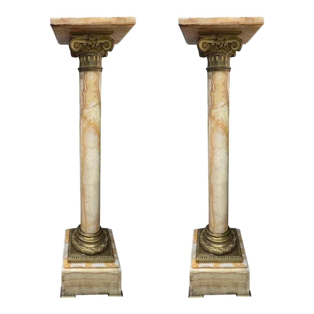 Pair of 19th Century French Neoclassical Style Marble and Bronze Pedestals: Pair Of 19th Century French Neoclassical Style Marble And Bronze Pedestals. Offered is a pair of antique French Louis XVI style marble and Ionic column bronze pedestals. Thes Neoclassical style