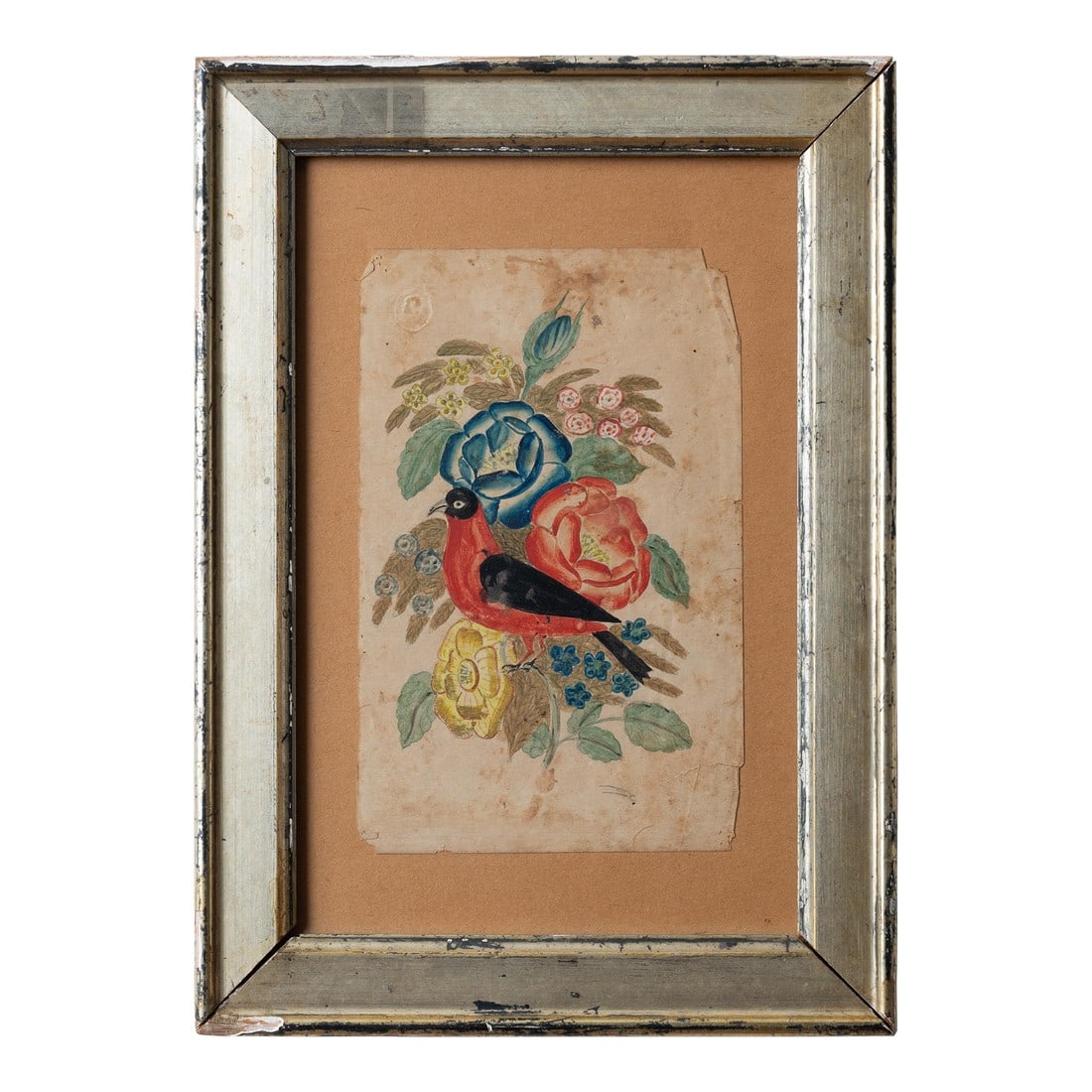 Pennsylvania Fraktur Bird & Flowers, 19th Century: A Pennsylvania fraktur bird and flower, 19th century. On stationary paper with embossed maker mark upper left of oval profile bust. piece: 4 Â½ by 7 inches frame: 8 â…› by 1