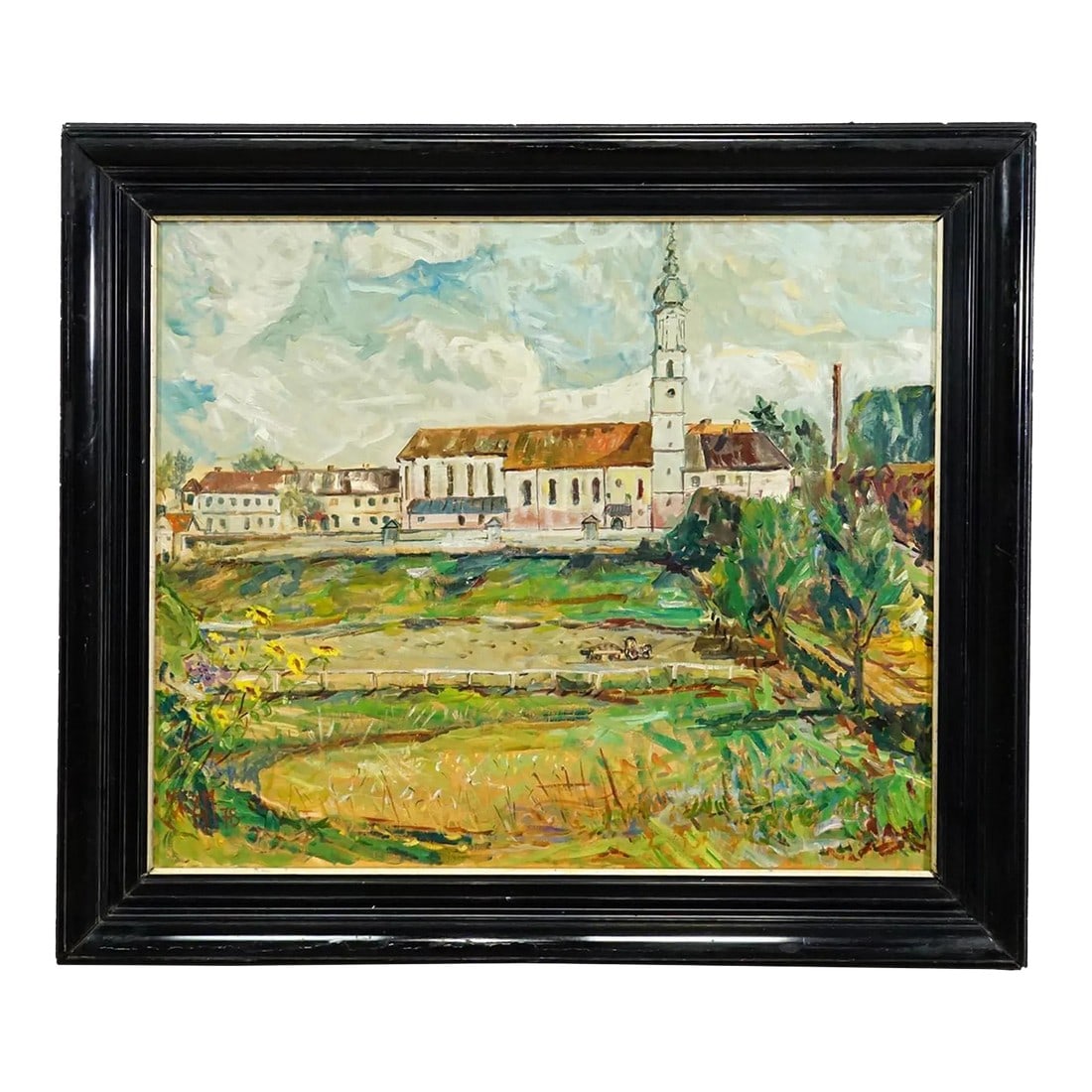 Alexander Michael Oil Painting – Neumarkt St. Veit, 1978: Alexander Michael Oil Painting – Neumarkt St. Veit, 1978 This oil painting from 1978 presents a charming view of the small Bavarian town of Neumarkt-Sankt Veit. The prominent church with its oni