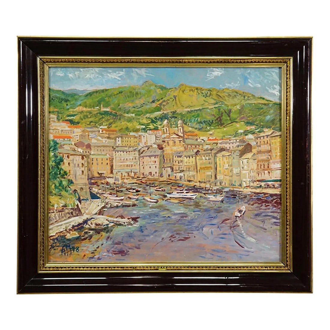 Alexander Michael Oil Painting – Bastia, Corsica, 1978: Alexander Michael Oil Painting – Bastia, Corsica, 1978 This expressive oil painting from 1978 captures the vibrant mediterranean port town of Bastia, located in northern Corsica. At the center