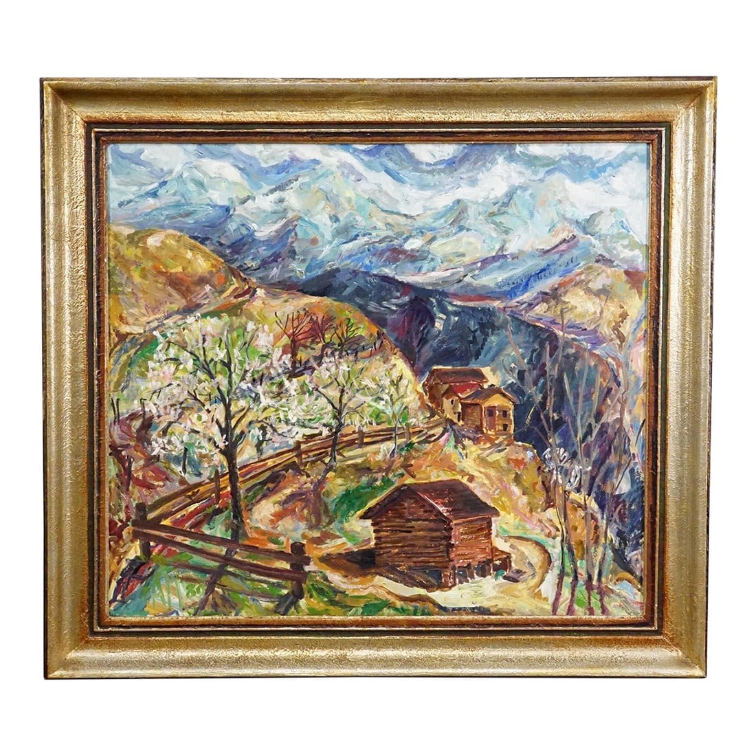 Alexander Michael Oil Painting – Mountain Huts, 1980: Alexander Michael Oil Painting – Mountain Huts, 1980 This vibrant oil painting from 1980 captures a serene Alpine spring landscape. Several rustic mountain huts stand in the foreground, their