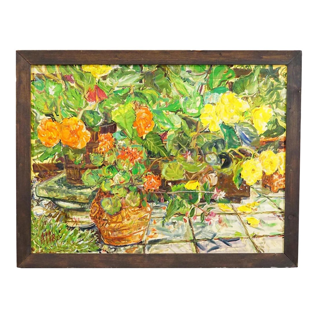 Alexander Michael Oil Painting – Begonias and Geraniums, 1980: Alexander Michael Oil Painting – Begonias and Geraniums, 1980 A vivid and lively still life from a sunlit garden or balcony, this oil painting from 1980 showcases a variety of lush flowering