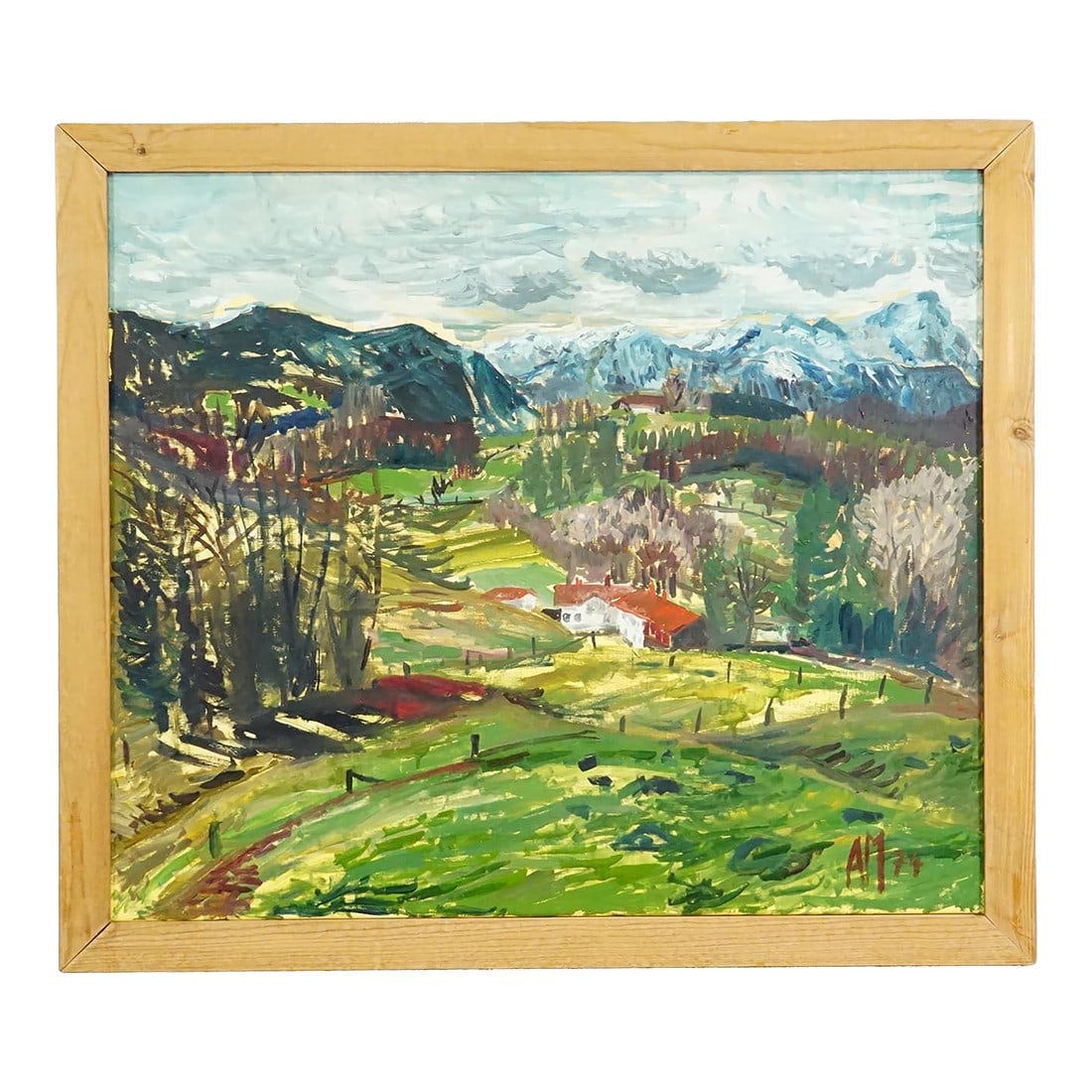 Alexander Michael Oil Painting – Landscape Near Dietramszell, 1974: Alexander Michael Oil Painting – Landscape near Dietramszell, 1974 This expressive Bavarian pre-alpine landscape shows a gently rolling countryside with vivid green meadows and fenced pastures.