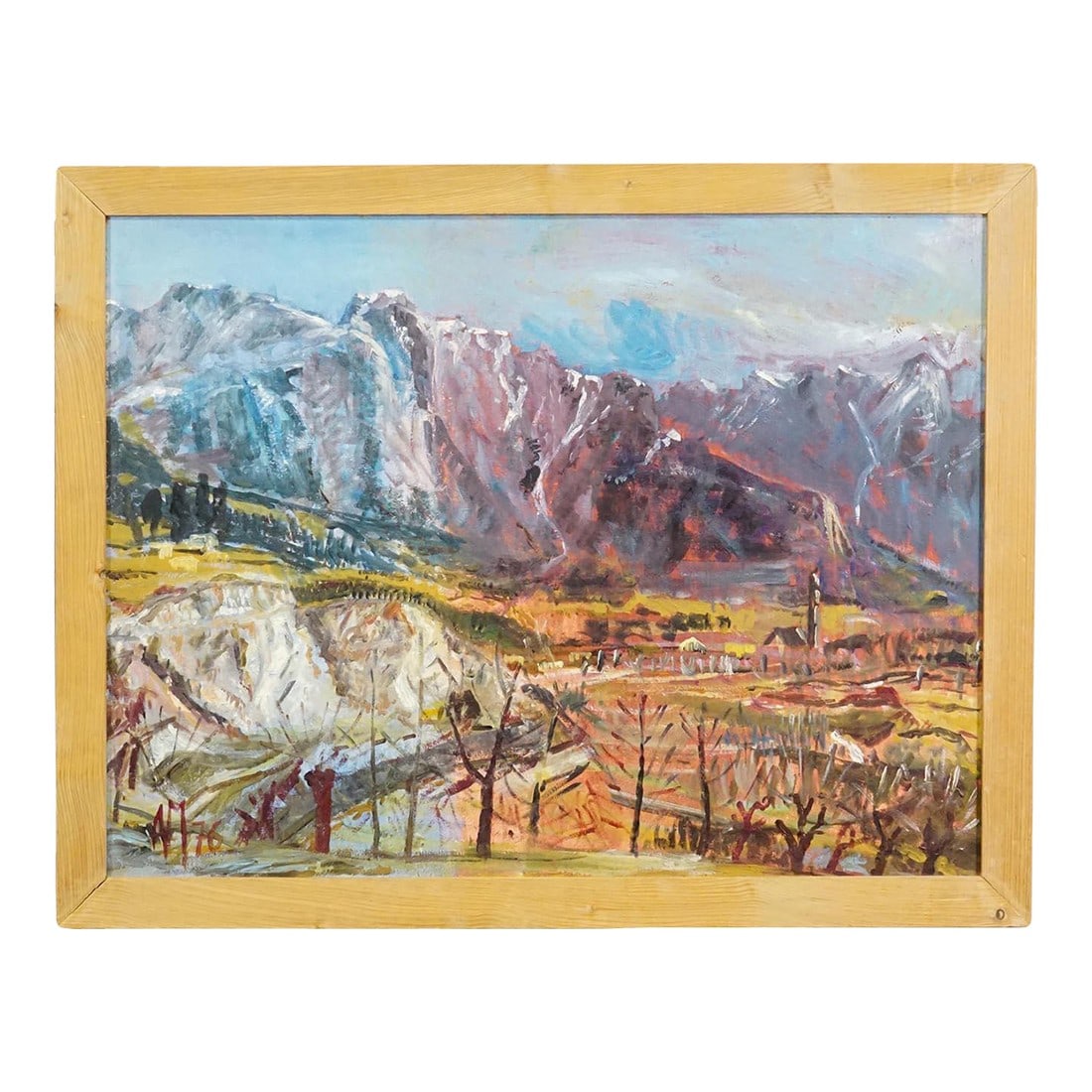 Alexander Michael Oil Painting – South Tyrol, 1976: Alexander Michael Oil Painting – South Tyrol, 1976 This vibrant landscape captures a village in South Tyrol, framed by dramatic, towering Alpine mountains in striking hues of violet, blue, and